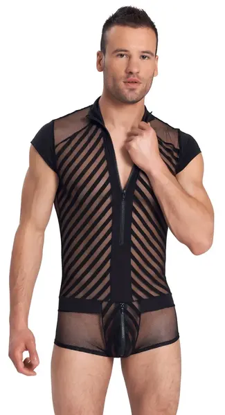 NEK Muški playsuit XL Crna Mreža i Pruga, Prednji rajsferšlus, Prozračna tkanina