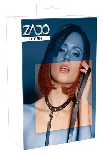 ZADO Leather Adjustable Collar & Leash Set with Metal Studs Black 34-46cm