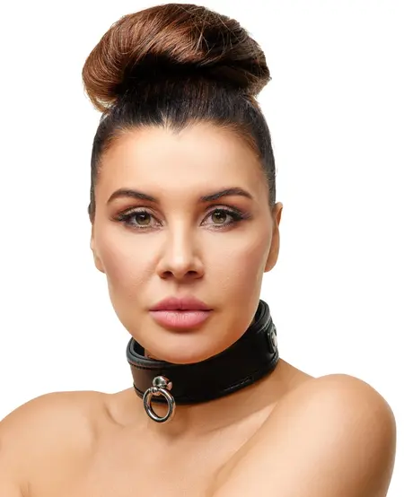 ZADO Kožna podesiva kragna S-L, crna, 32-50 cm, metalni prsten