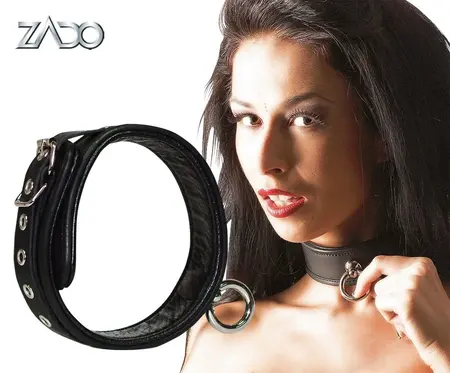 ZADO Kožna podesiva kragna S-L, crna, 32-50 cm, metalni prsten