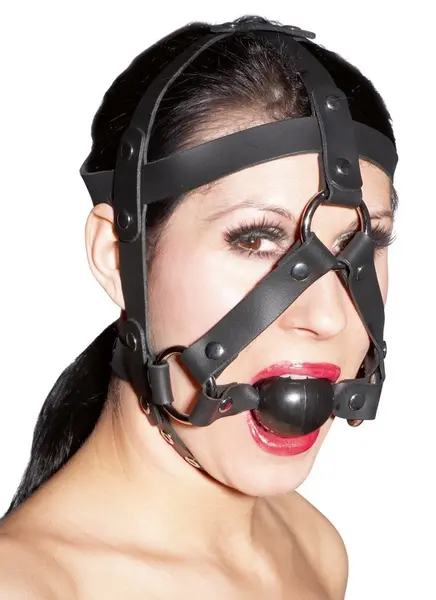 Zado Adjustable Leather Head Harness with TPE Ball Gag, Black