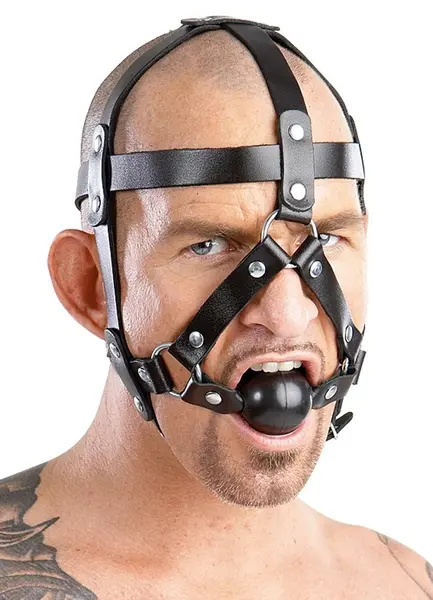 Zado Adjustable Leather Head Harness with TPE Ball Gag, Black