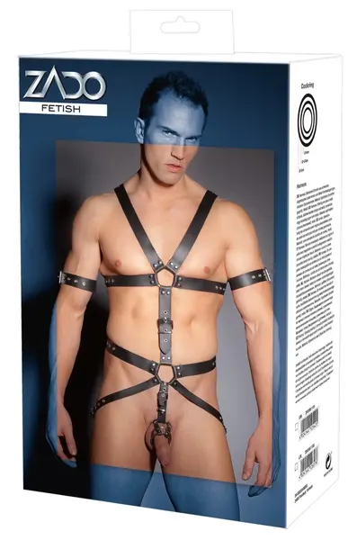 ZADO Men's Leather Harness S/M Adjustable Straps & 3 Metal Rings Black