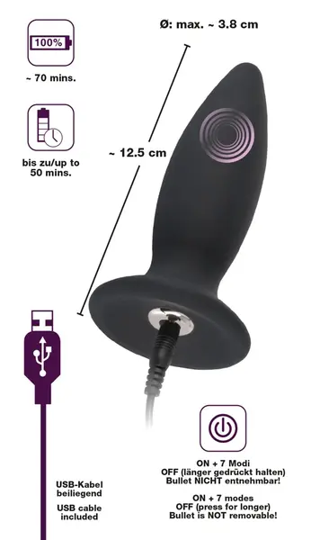 Black Velvets Plug M Rechargeable Intimate Massager, 7 Modes, Black