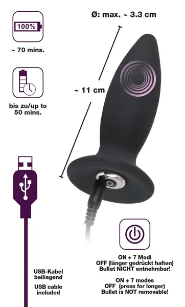 Black Velvets S Vibracioni Silikonski Čep Punjiv, 11 cm, Crni