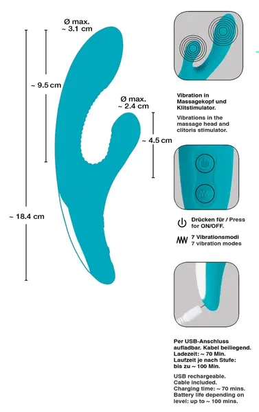 Javida Vibrator Turquoise Dual-Motor 18.4 cm Silicone Intimate Device