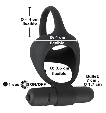 Black Velvets Intimate Silicone Ring Set with Vibro-Bullet, Black, Flexible Fit