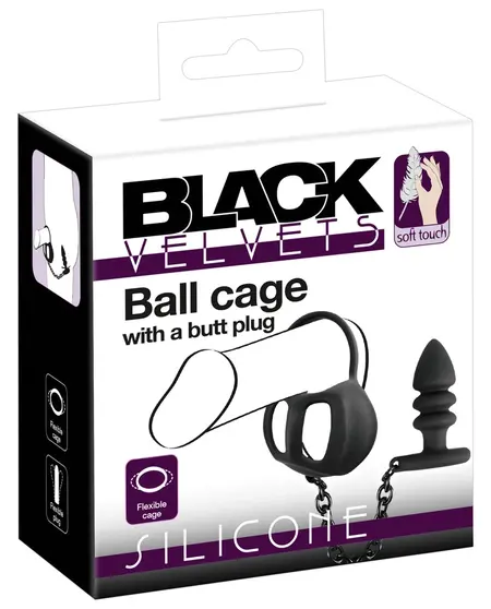 Black Velvets Intimate Cage System with Ribbed Plug and Chain, Silicone