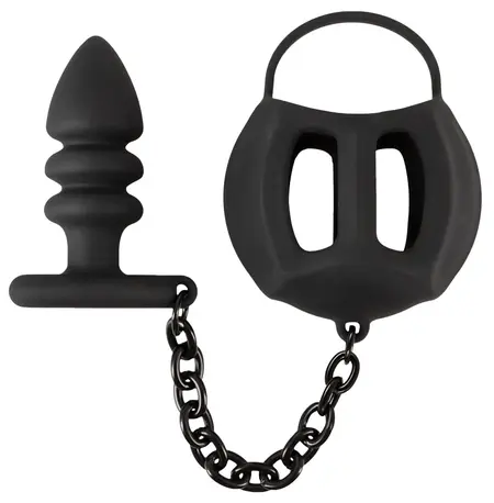 Black Velvets Intimate Cage System with Ribbed Plug and Chain, Silicone