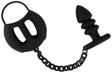 Black Velvets Intimate Cage System with Ribbed Plug and Chain, Silicone