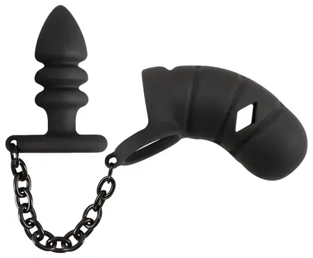 Black Velvets Silikonski Intimni Kavez Set sa Žljebastim Čepom i Lancićem 11.5cm