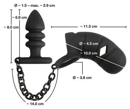 Black Velvets Silikonski Intimni Kavez Set sa Žljebastim Čepom i Lancićem 11.5cm