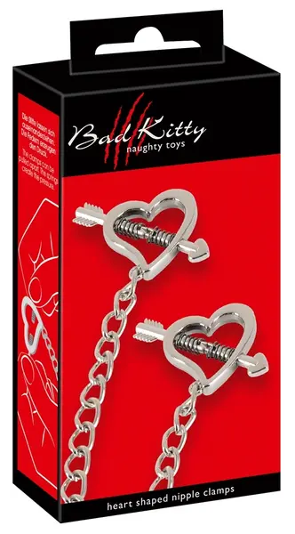 Bad Kitty Heart Shaped Stainless Steel Nipple Clamps with Chain 37.5cm