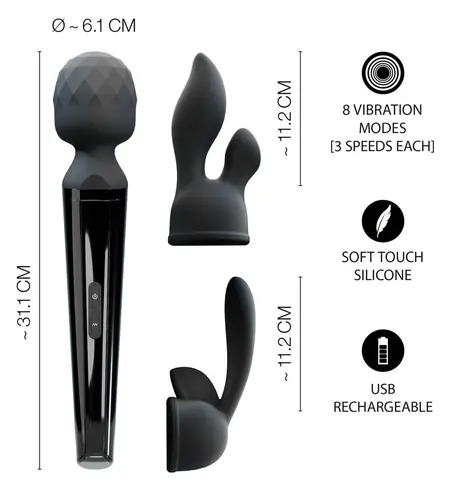 40 Years Wand Vibrator Rechargeable Massager + 2 Attachments, Black
