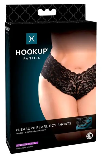 HookUp Panties Pleasure Pearls Lace Boy Shorts XL-2XL Black