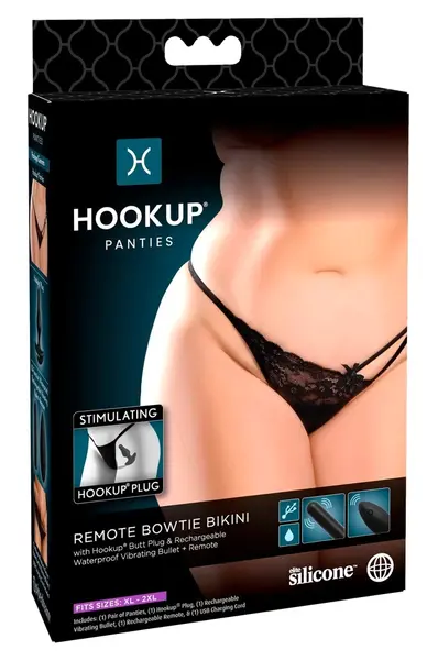 HookUp Panties Remote Bowtie Bikini XL-XXL Rechargeable Black
