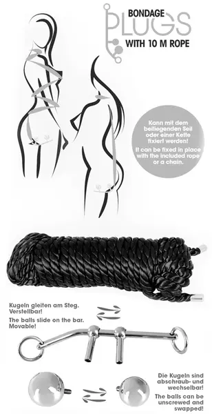 You2Toys Adjustable Dual Plug Set with 10m Bondage Rope, Metal & Polyester