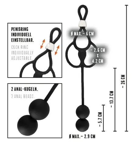 Rebel Triple Support Ring with Dual Anal Beads, Adjustable, Black
