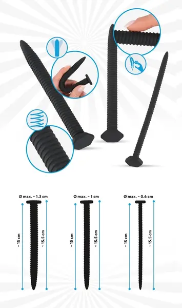 You2Toys Set of 3 Spiral Silicone Urethral Dilators, 15.5 cm, Black