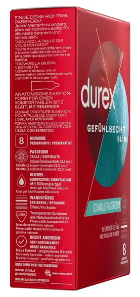 Durex Gefuhlsecht Slim Fit Latex Condoms 8 pcs, Thin Design, 52.5 mm