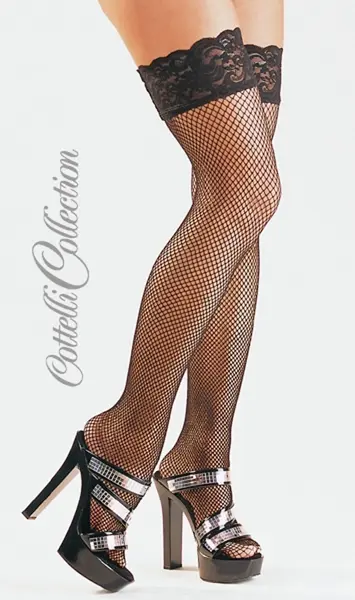 Cottelli Collection Net Hold-up Stockings Black S Lace Top Silicone Grip