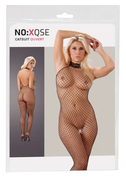 Cottelli Collection Net Catsuit Black S/M with Lace Collar Open Design