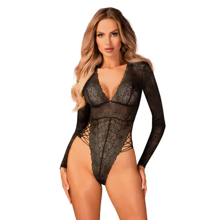 Obsessive Merlys Long Sleeve Lace Teddy XS/S, Black, Adjustable Straps