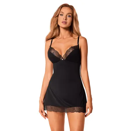 Obsessive Bella Rou Chemise & Thong Set Black Embroidered M/L