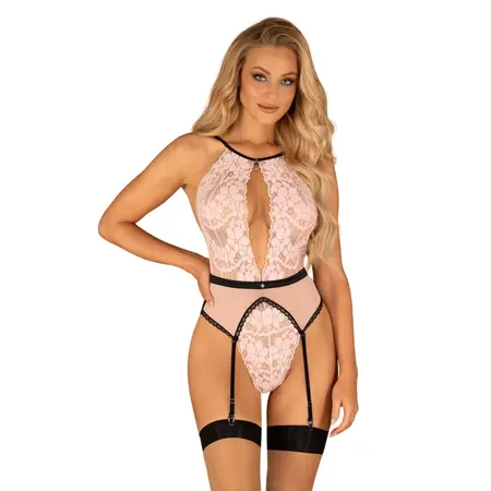 Obsessive Lilines Lace Teddy L/XL Pale Pink & Black Adjustable Straps