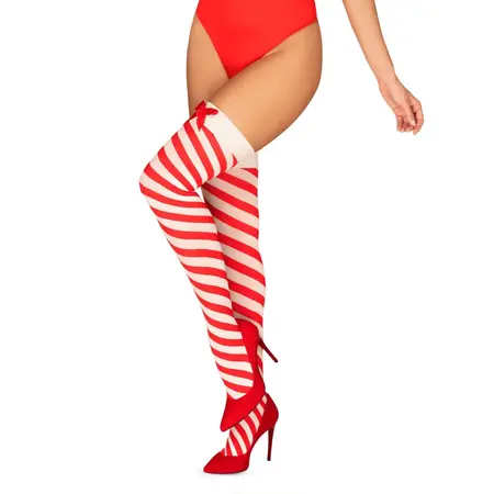 Obsessive Kissmas Stockings Red S/M - Festive Striped Stay-Up Thigh Highs