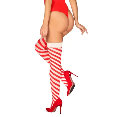 Obsessive Kissmas Stockings Red S/M - Festive Striped Stay-Up Thigh Highs