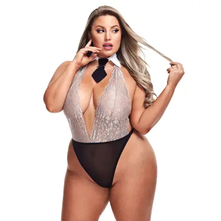 Baci Queen 2-Piece Lace Teddy Set with Collar and Tie, Silver-Black