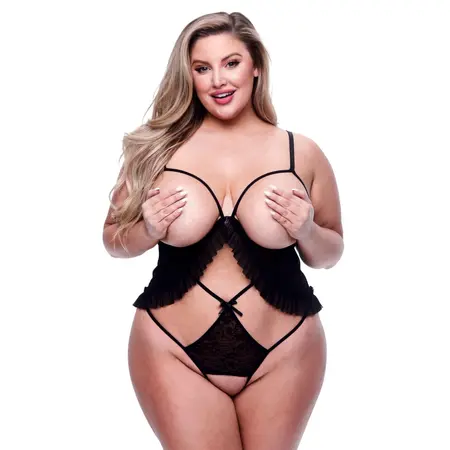 Baci Peek-a-boo Criss-cross Teddy Queen Sheer Lace Bodysuit Black Plus Size