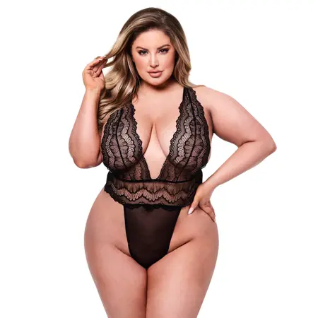 Baci Deep V Lace Teddy Queen Size Black - Elegant Lace Bodysuit