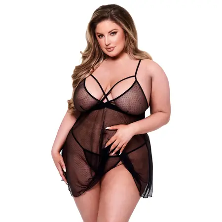 Baci Lingerie Queen Size Strappy Lace & Mesh Babydoll Set Black