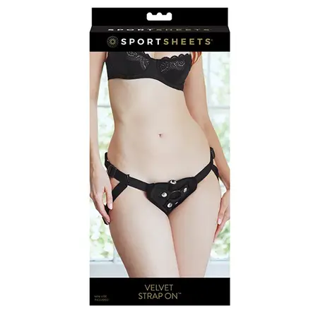 Sportsheets Vibrating Velvet Adjustable Strap-On Harness Black 152 cm