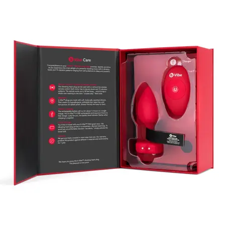 b-Vibe Heart Vibrating Remote Plug M/L Red - 15 Modes, Silicone, USB