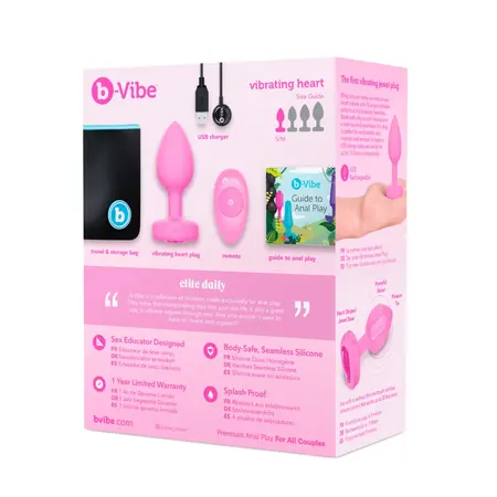 b-Vibe Vibrating Heart Plug S/M Pink - Remote Control, 15 Modes