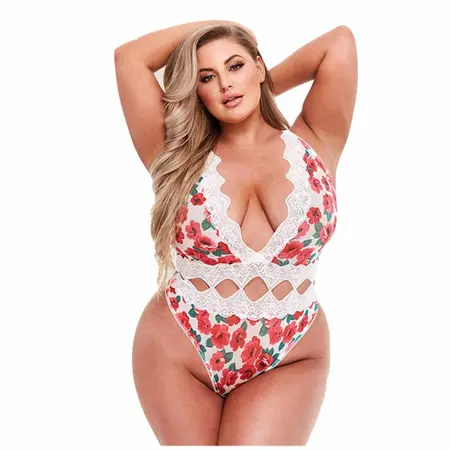 Baci White Floral & Lace Teddy Queen Size - Elegant Adjustable Bodysuit
