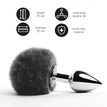 FeelzToys Bunny Tails Black Plug - Metal Model with Faux Fur Tail, 7 cm
