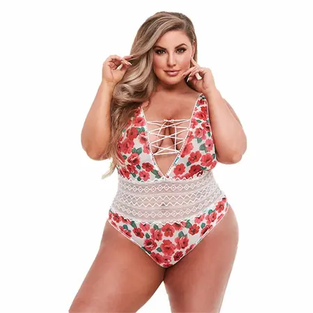 Baci Floral Tie-Up Teddy White Queen Size - Elegant Lingerie Bodysuit