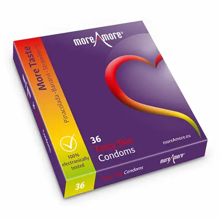 MoreAmore Tasty Skin 36-Pack Flavored Latex Protection - Strawberry, Banana, Pina Colada