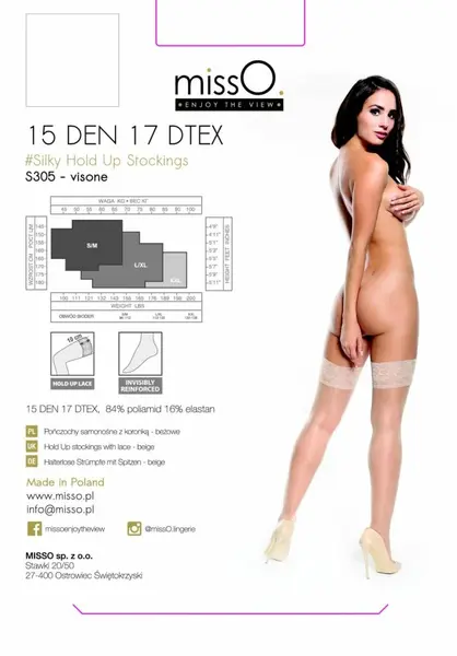 MissO S305 Self-Supporting Stockings White S/M - 15 DEN Lace Top