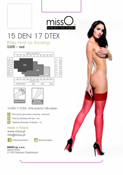 MissO S305 Thigh-High Hold-Up Stockings Red S/M - 15 DEN Lace Top