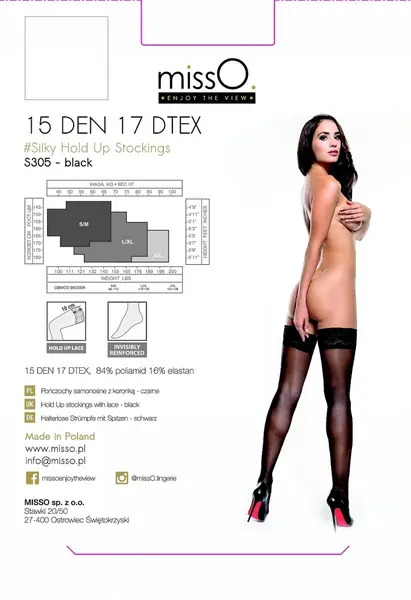 MissO S305 Thigh-High Hold-Up Stockings Black L/XL 15DEN Lace Top
