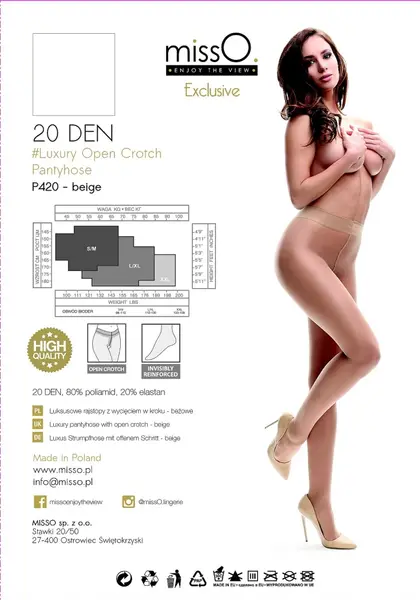 MissO P420 Beige XL Tights with Open Gusset - Durable Microfiber