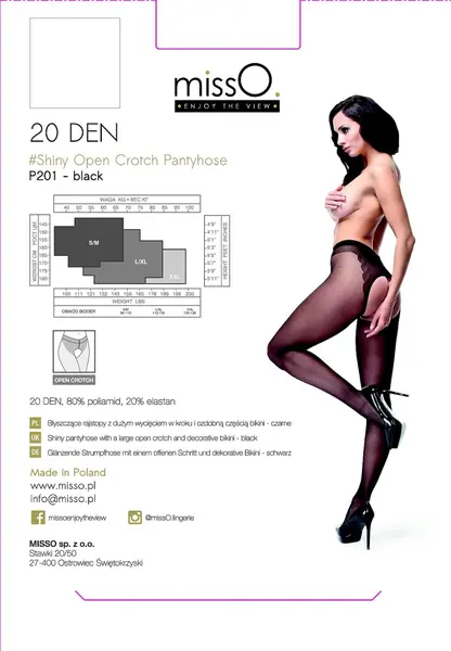 MissO P201 Sheer Open Gusset Tights Black XXL - Glossy Finish