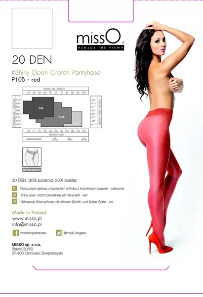 MissO P105 Red L/XL Tights with Lace Trim and Open Gusset