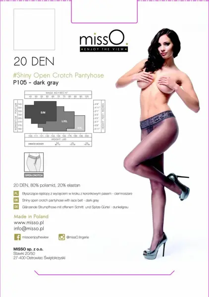 MissO P105 Sheer Tights with Lace Top & Open Section Dark Grey L/XL