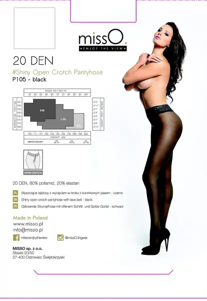 MissO P105 Women's Black Sheer Tights with Lace Detail S/M